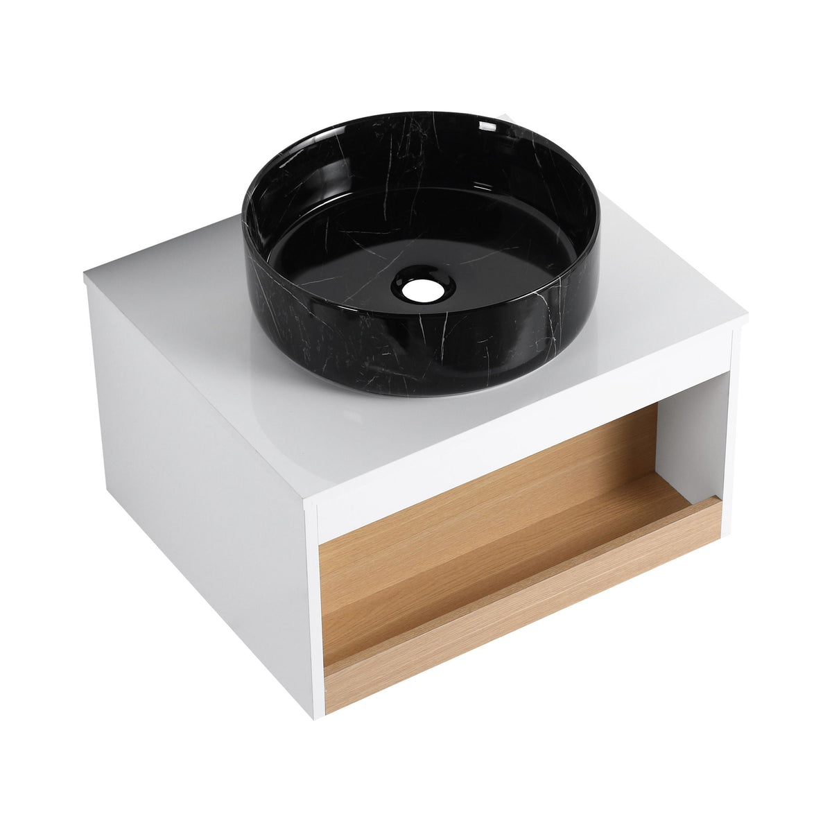 Floating Bathroom Vanity With Vessel Sink With Open Shelf Storage