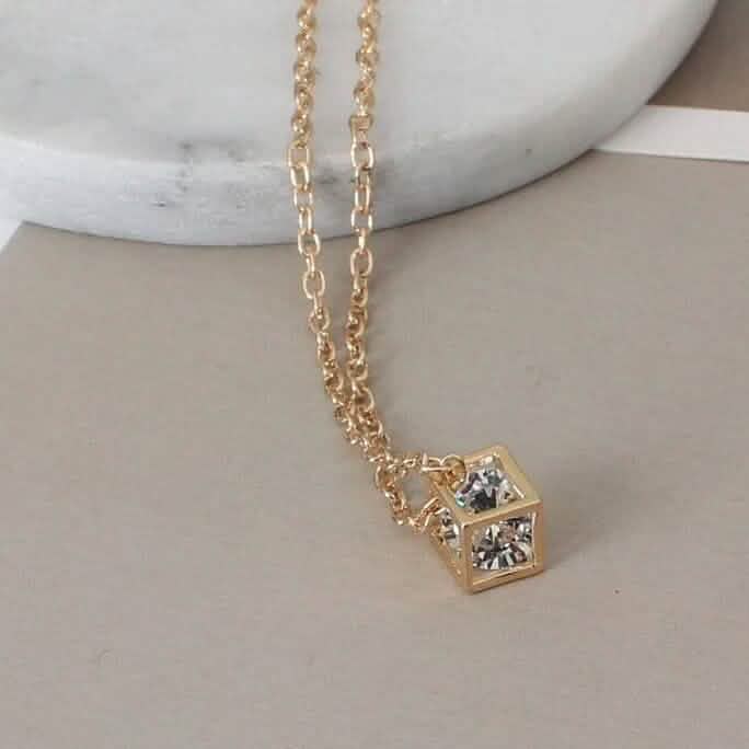 14K Gold Love Cube Three-Dimensional Diamond Shape Necklace Cz Pendant 1