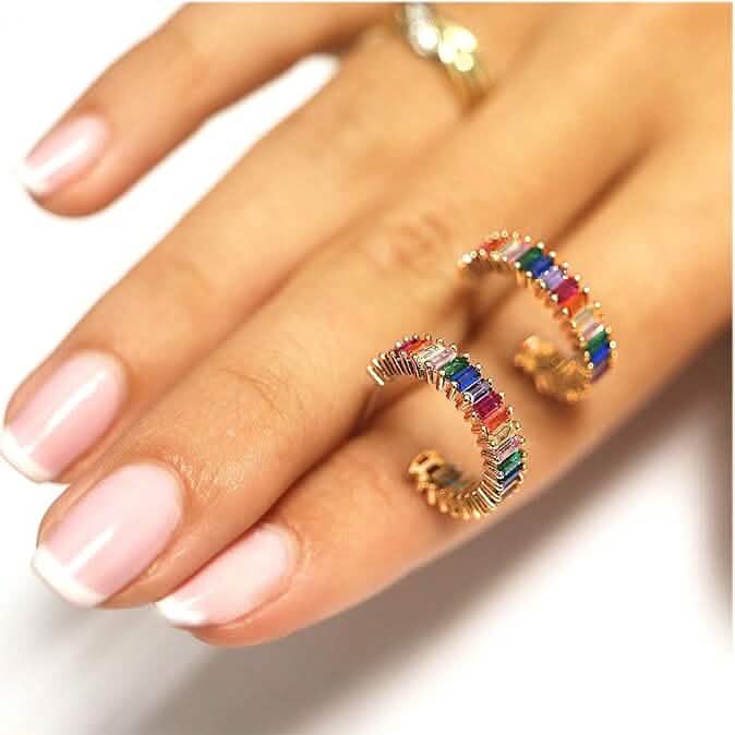 14K Gold Plated Cubic Zirconia Multicolor Rainbow Round Hoop Stud Earrings 5