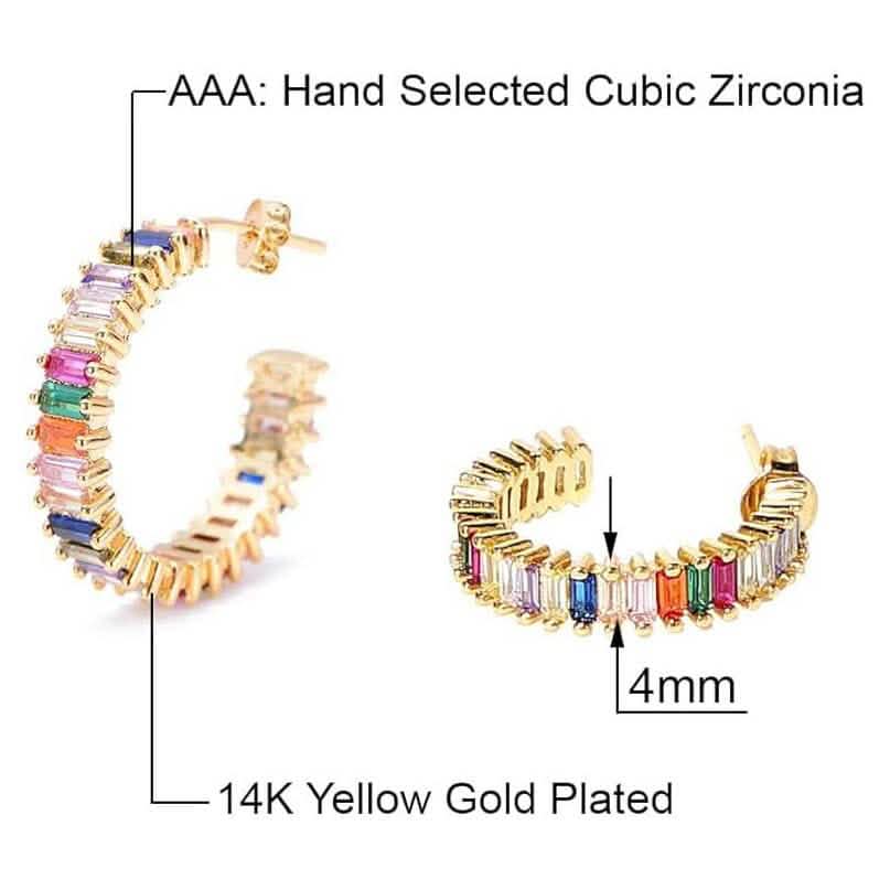 14K Gold Plated Cubic Zirconia Multicolor Rainbow Round Hoop Stud Earrings 4