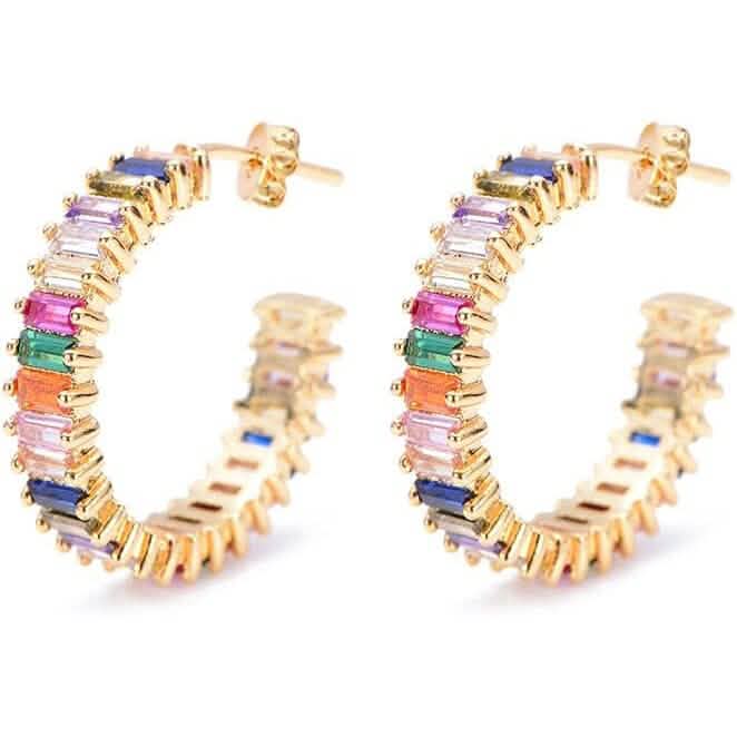 14K Gold Plated Cubic Zirconia Multicolor Rainbow Round Hoop Stud Earrings 2