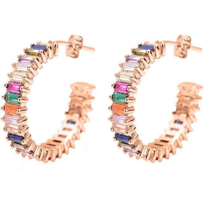 14K Gold Plated Cubic Zirconia Multicolor Rainbow Round Hoop Stud Earrings 3
