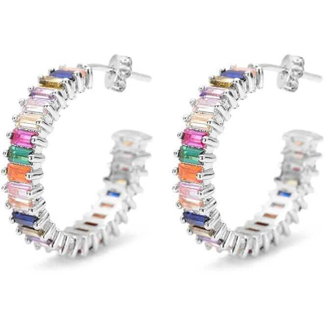 14K Gold Plated Cubic Zirconia Multicolor Rainbow Round Hoop Stud Earrings 1