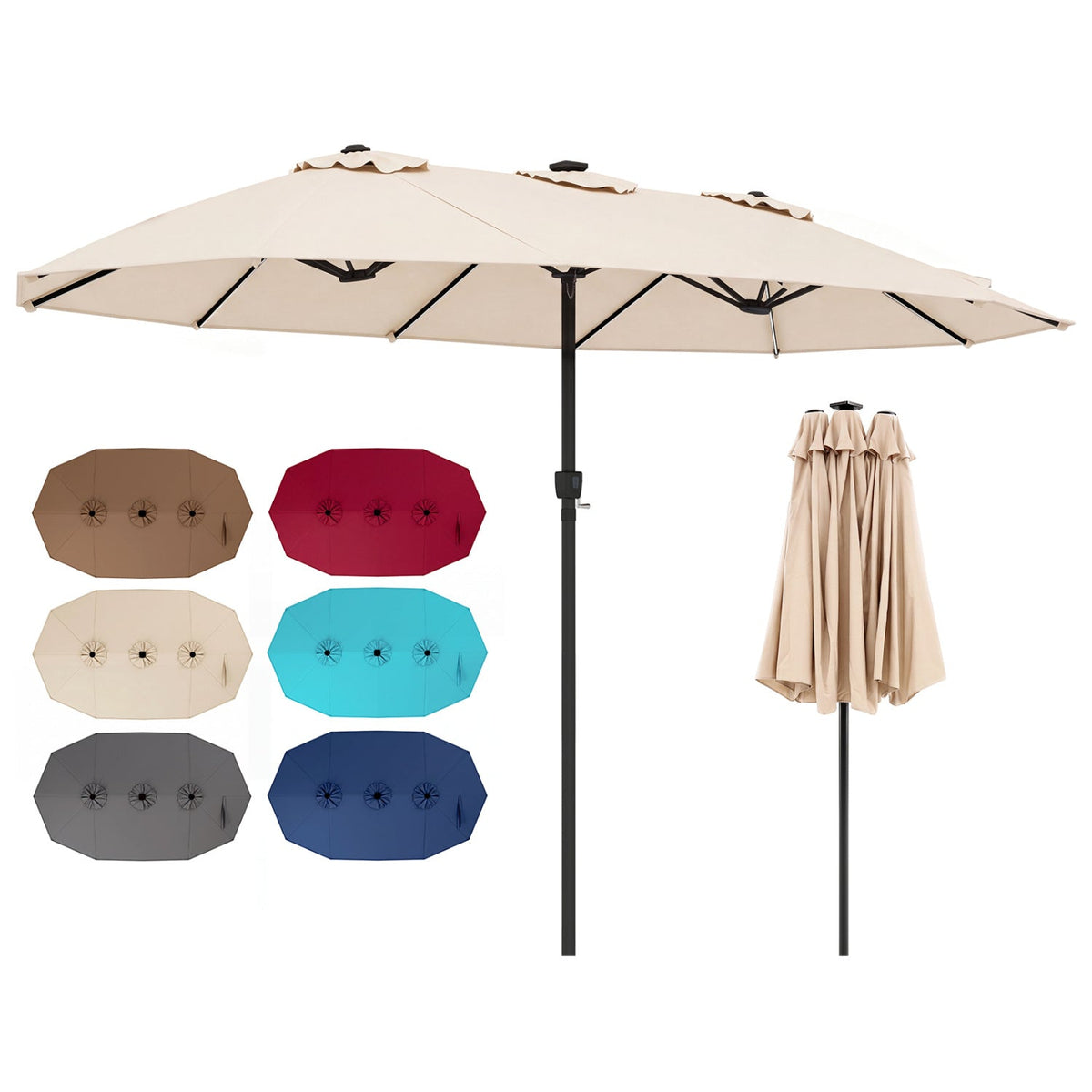 15.5 ft Patio Umbrella with Solar LED Lights & Crank 10