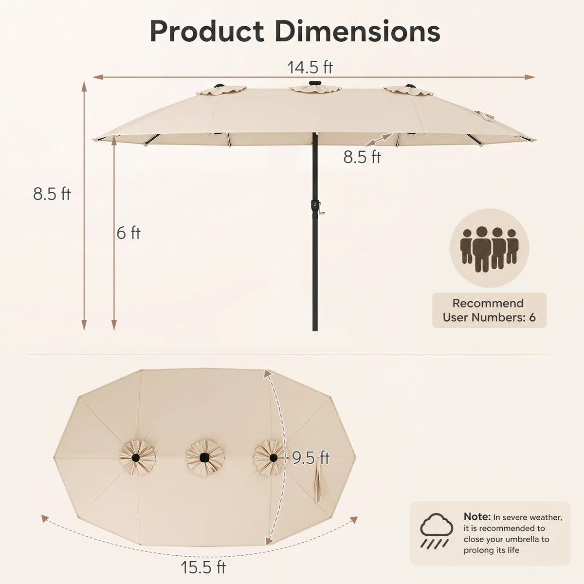 15.5 ft Patio Umbrella with Solar LED Lights & Crank 12