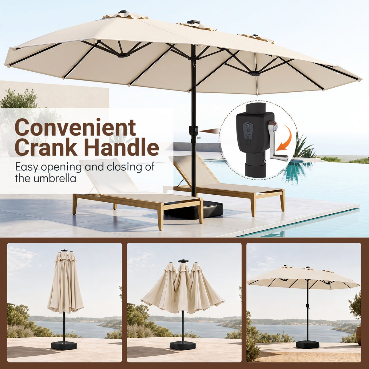15.5 ft Patio Umbrella with Solar LED Lights & Crank 15