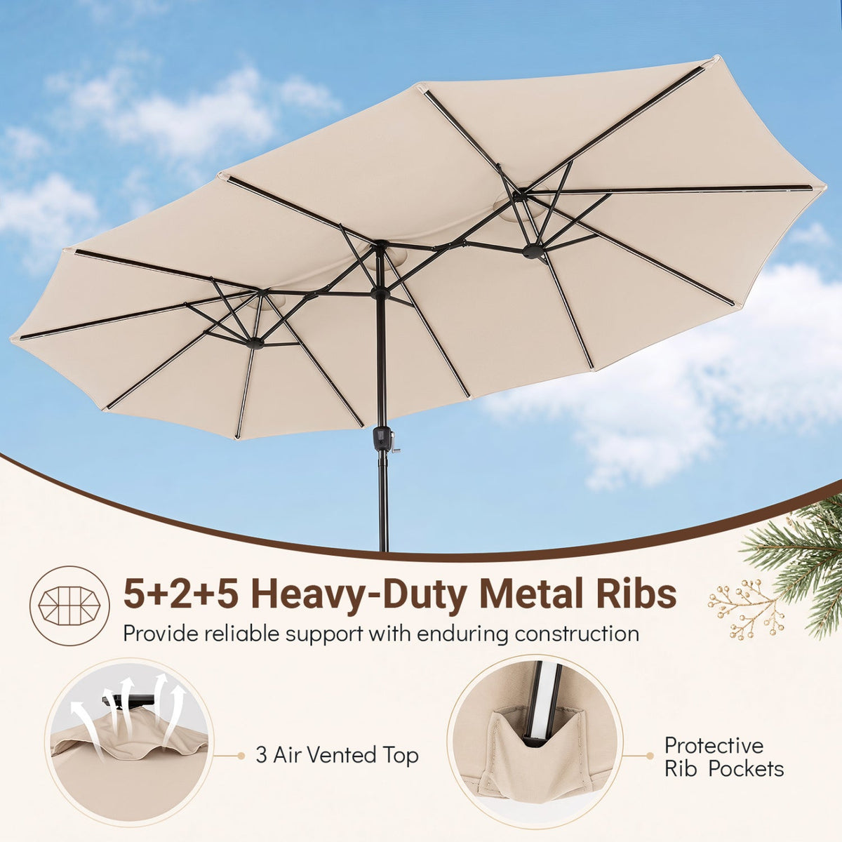 15.5 ft Patio Umbrella with Solar LED Lights & Crank 16