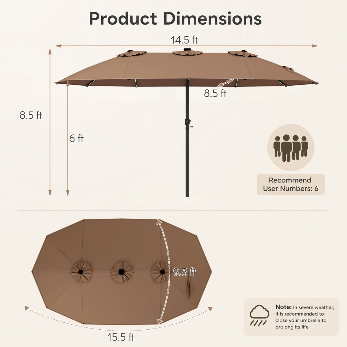 15.5 ft Patio Umbrella with Solar LED Lights & Crank 4