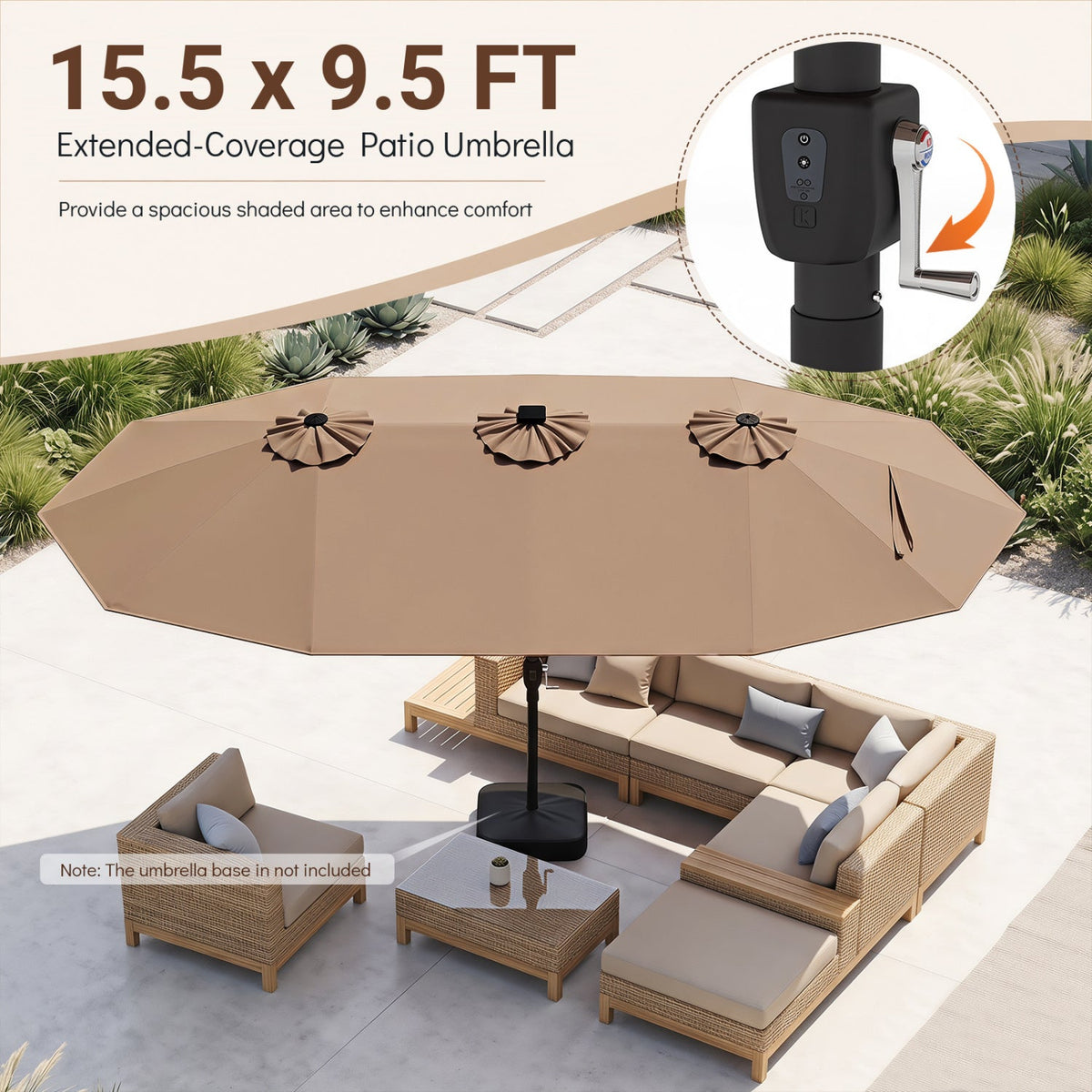 15.5 ft Patio Umbrella with Solar LED Lights & Crank 6