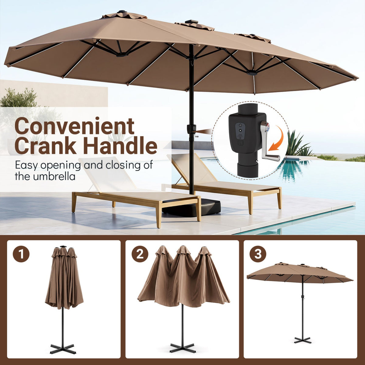 15.5 ft Patio Umbrella with Solar LED Lights & Crank 7