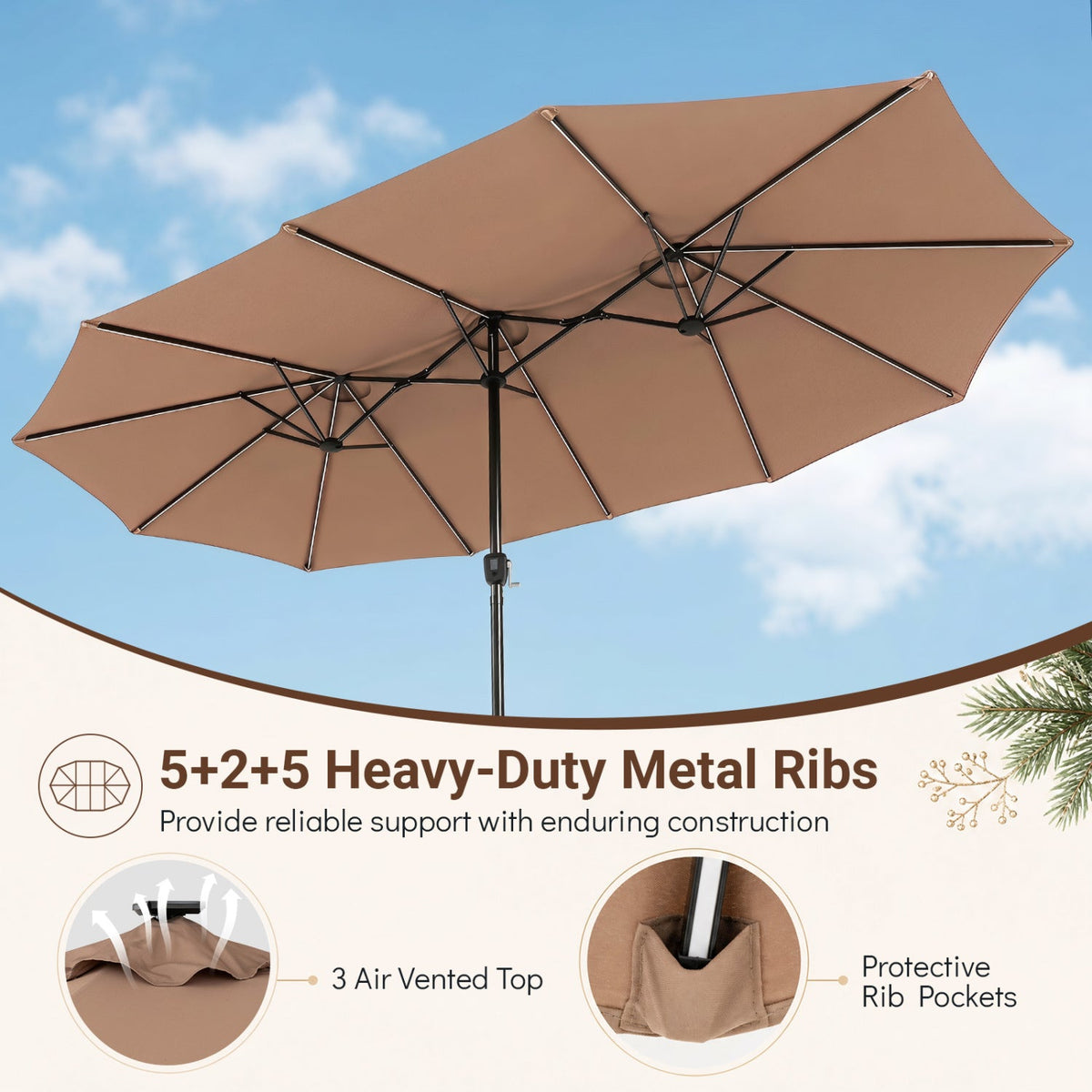 15.5 ft Patio Umbrella with Solar LED Lights & Crank 8
