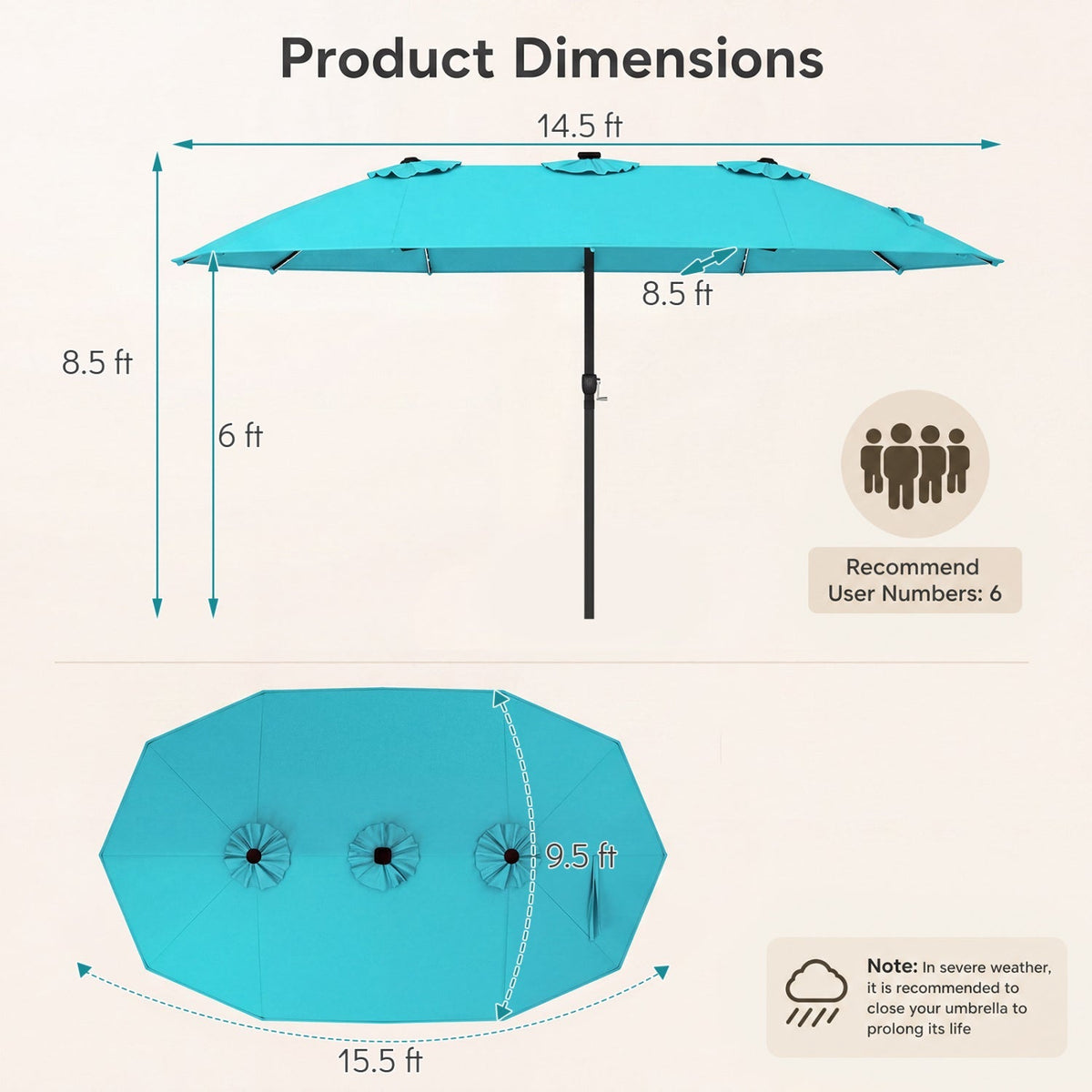 15.5 ft Patio Umbrella with Solar LED Lights & Crank 20