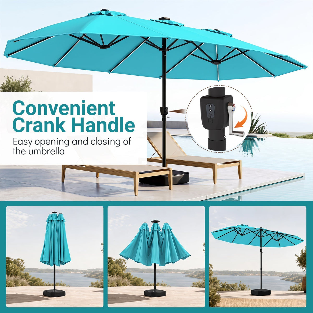 15.5 ft Patio Umbrella with Solar LED Lights & Crank 23