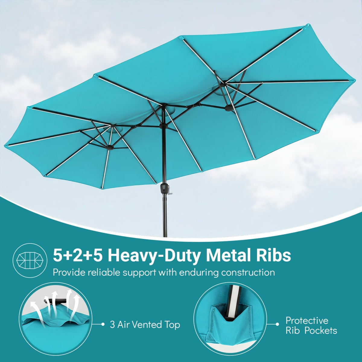 15.5 ft Patio Umbrella with Solar LED Lights & Crank 24