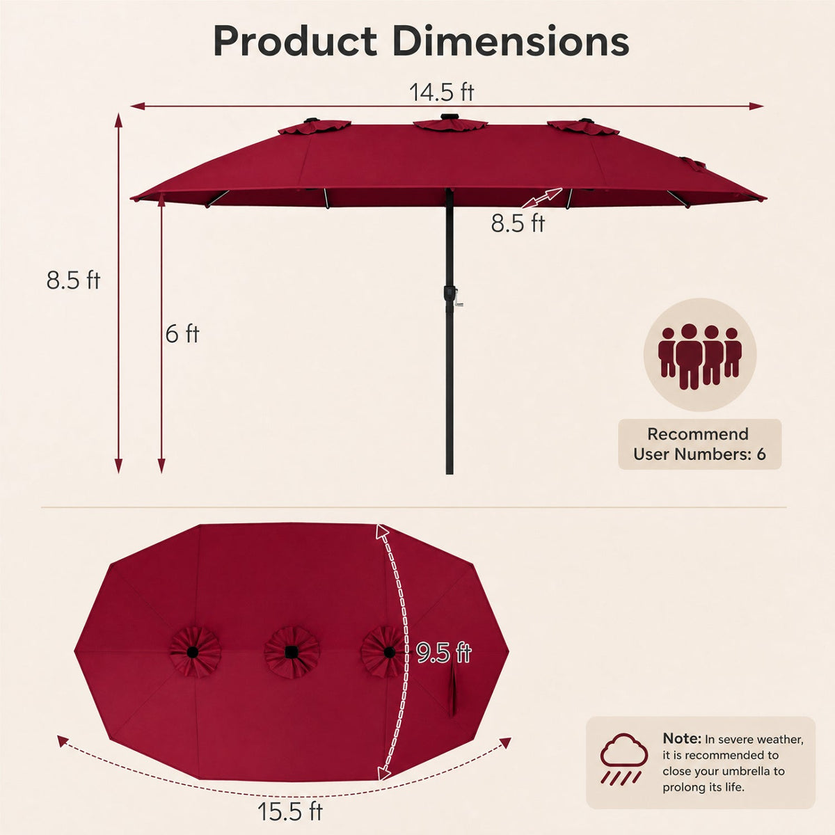 15.5 ft Patio Umbrella with Solar LED Lights & Crank 28