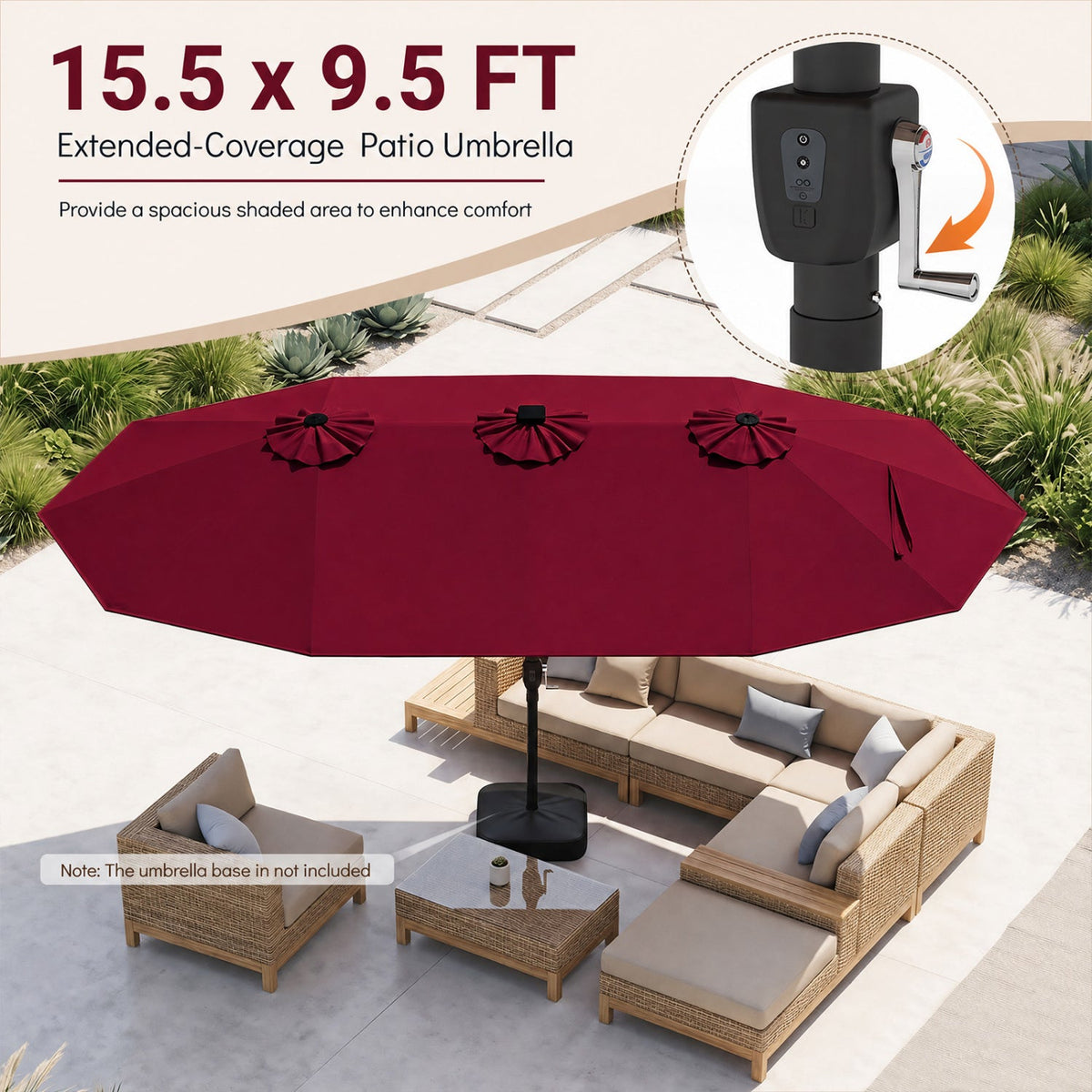 15.5 ft Patio Umbrella with Solar LED Lights & Crank 30