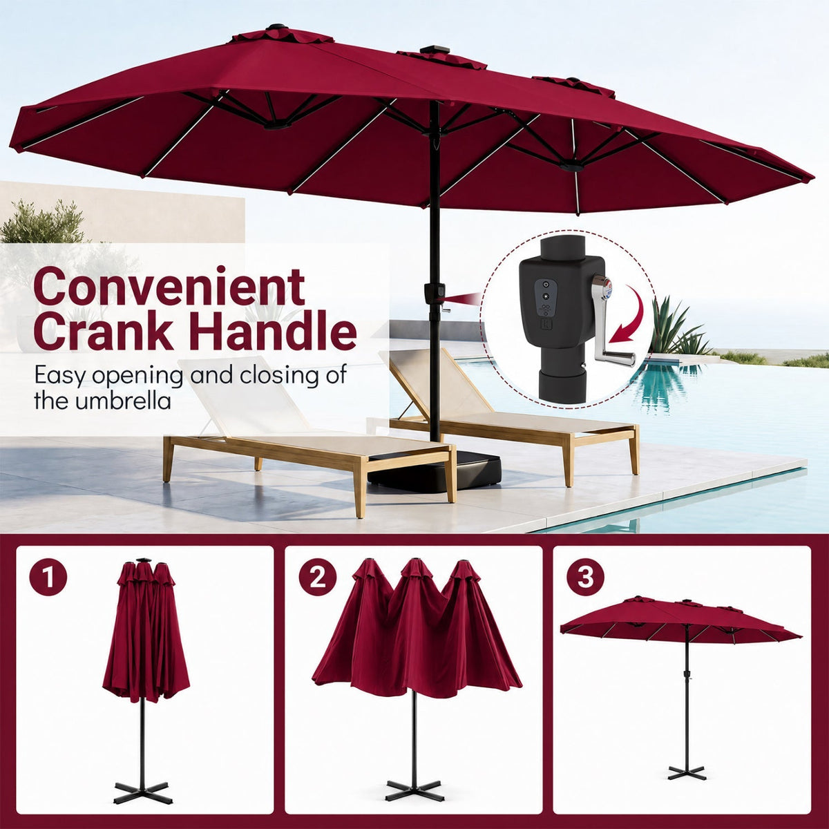 15.5 ft Patio Umbrella with Solar LED Lights & Crank 31