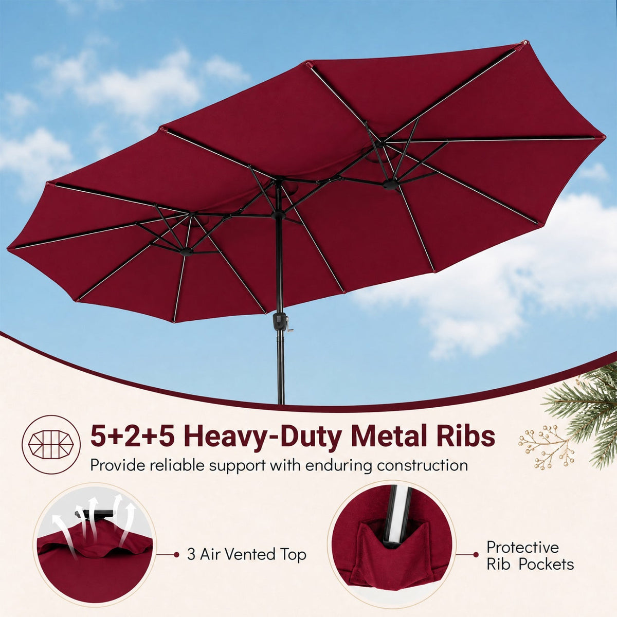 15.5 ft Patio Umbrella with Solar LED Lights & Crank 32
