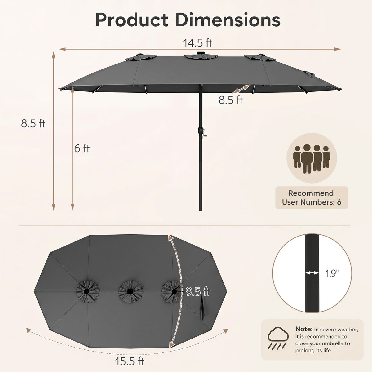 Patio Umbrella 15.5ft with Solar LED Lights and Crank 13