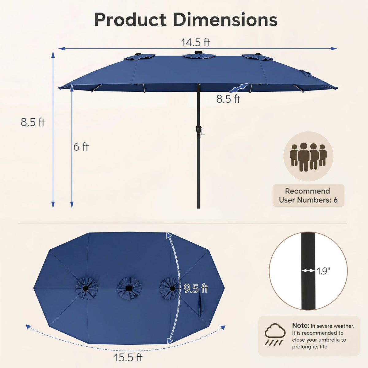 Patio Umbrella 15.5ft with Solar LED Lights and Crank 5