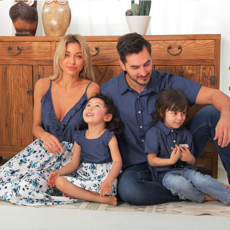 Family Matching Family Denim Sling Skirt Baby Girl Mom Dad Boy Boy Shirt Parent-Child 4