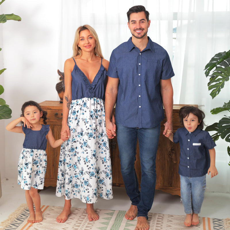 Family Matching Family Denim Sling Skirt Baby Girl Mom Dad Boy Boy Shirt Parent-Child 3
