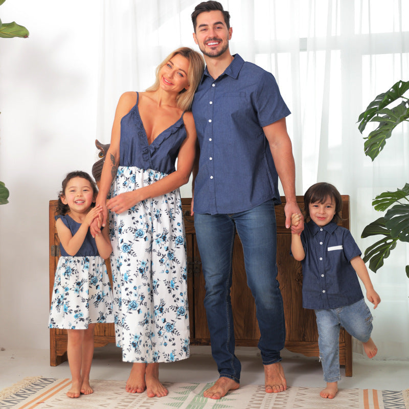 Family Matching Family Denim Sling Skirt Baby Girl Mom Dad Boy Boy Shirt Parent-Child 5