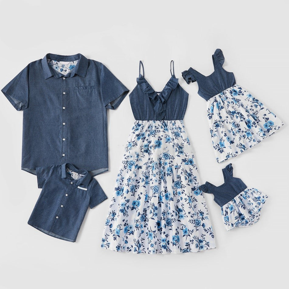 Family Matching Family Denim Sling Skirt Baby Girl Mom Dad Boy Boy Shirt Parent-Child 1