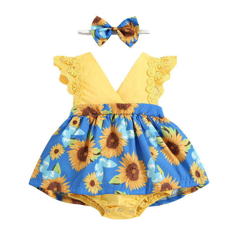 Newborn Baby Ruffled Sunflower Print Jumpsuit 2-Piece Headband Summer Dress 0-24 Months 7