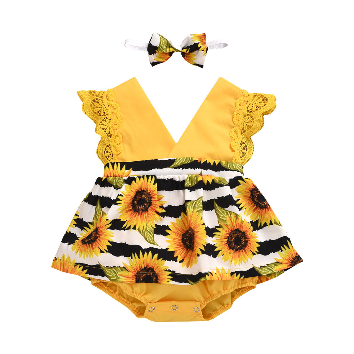Newborn Baby Ruffled Sunflower Print Jumpsuit 2-Piece Headband Summer Dress 0-24 Months 4