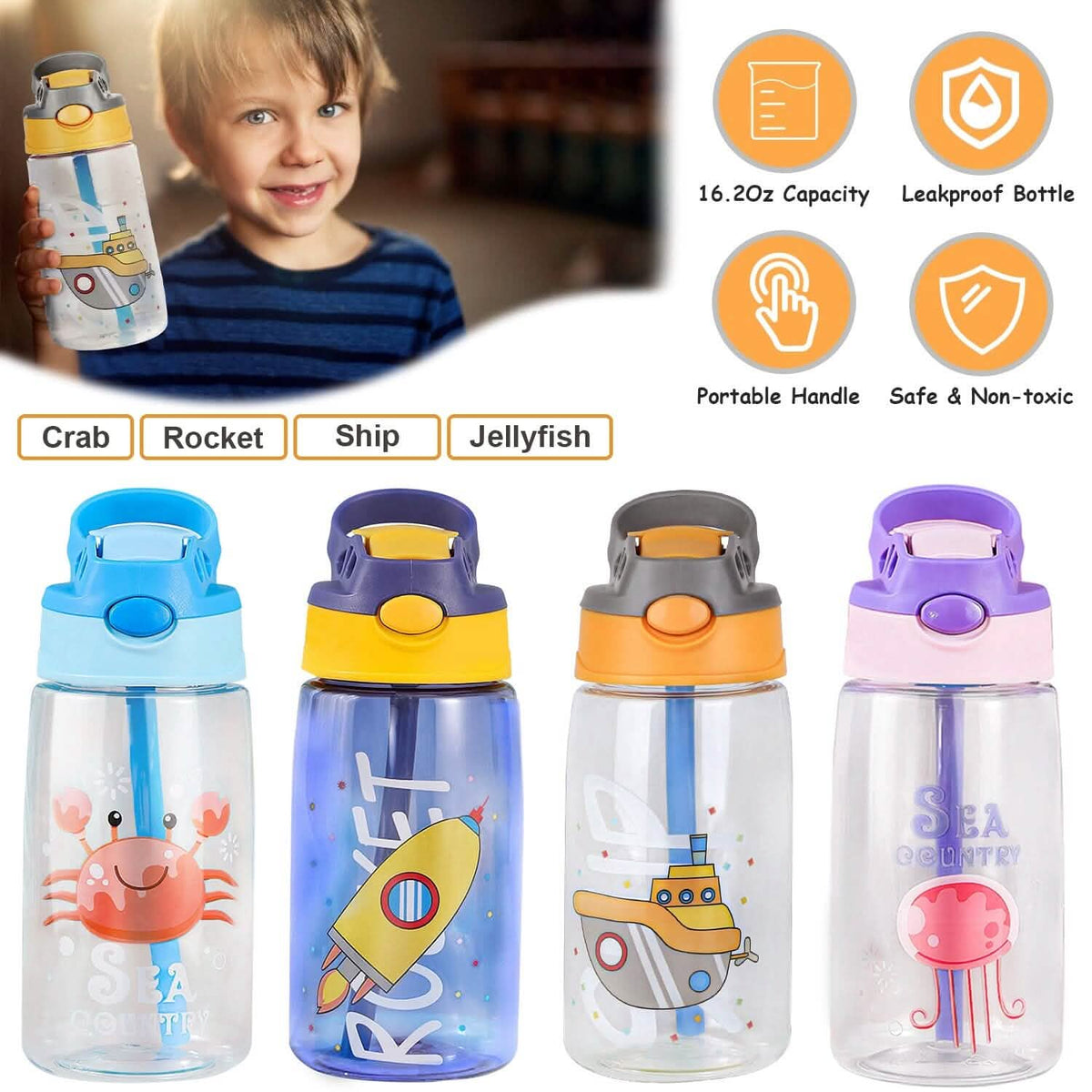 16.2oz Leak-proof Kids Water Bottle with Straw Push Button 12