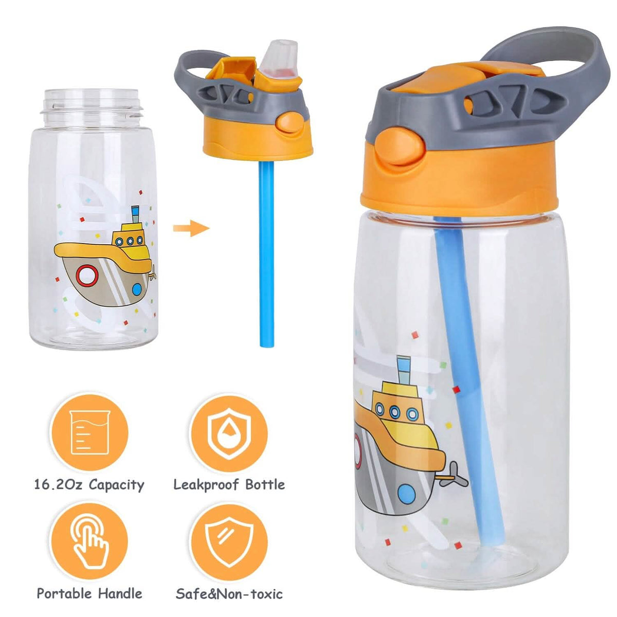 16.2oz Leak-proof Kids Water Bottle with Straw Push Button 8