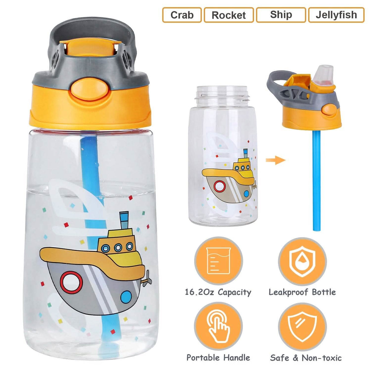 16.2oz Leak-proof Kids Water Bottle with Straw Push Button 11