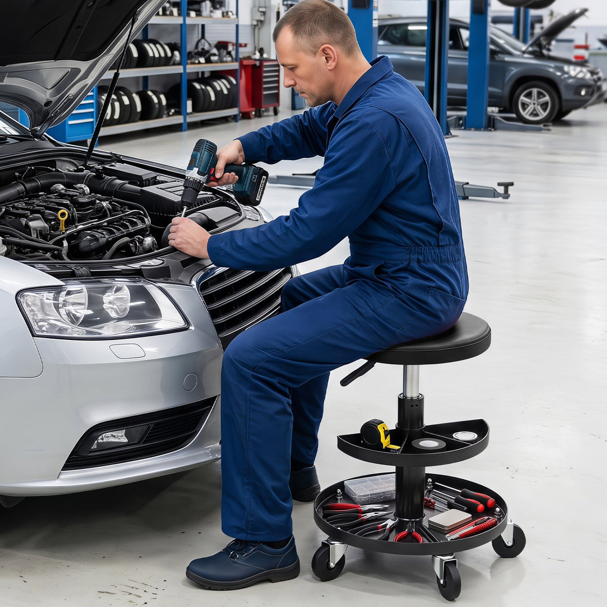 Adjustable Rolling Mechanic Stool with Tool Trays 9