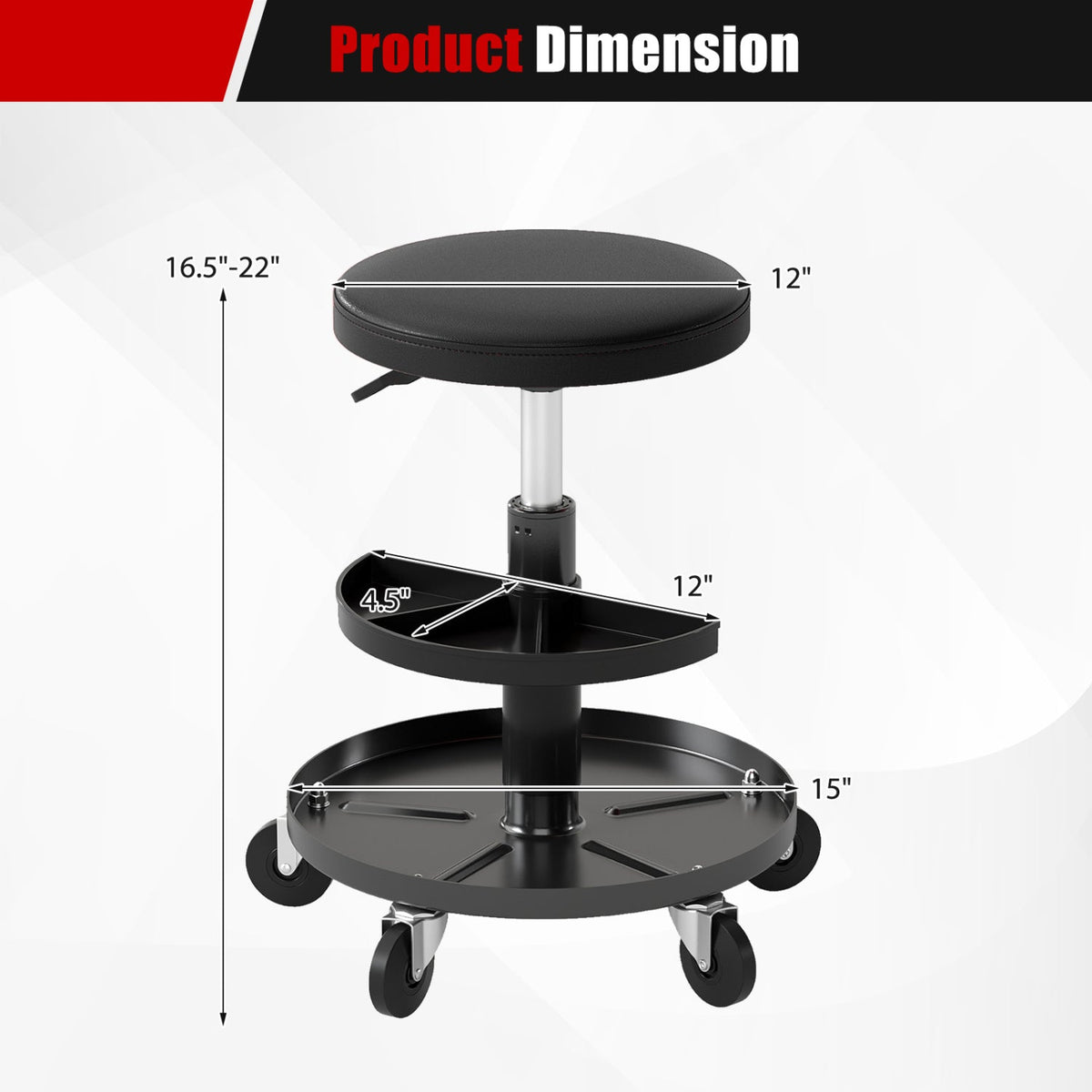 Adjustable Rolling Mechanic Stool with Tool Trays 12