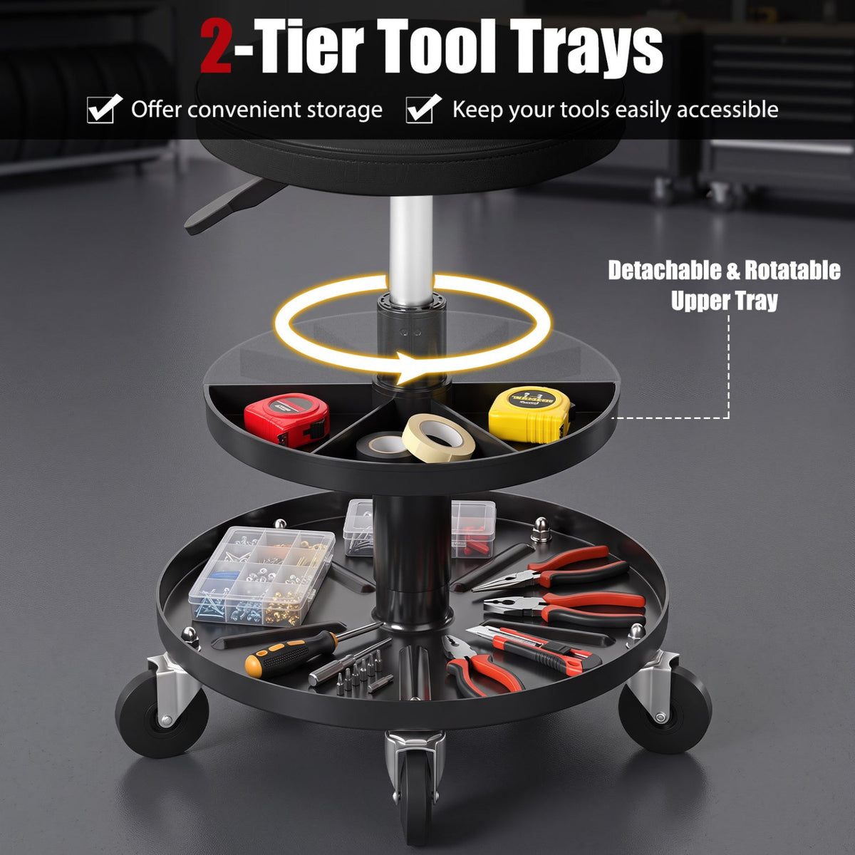 Adjustable Rolling Mechanic Stool with Tool Trays 13