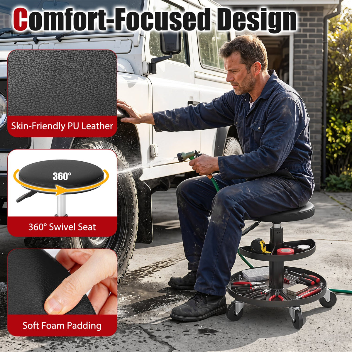Adjustable Rolling Mechanic Stool with Tool Trays 15
