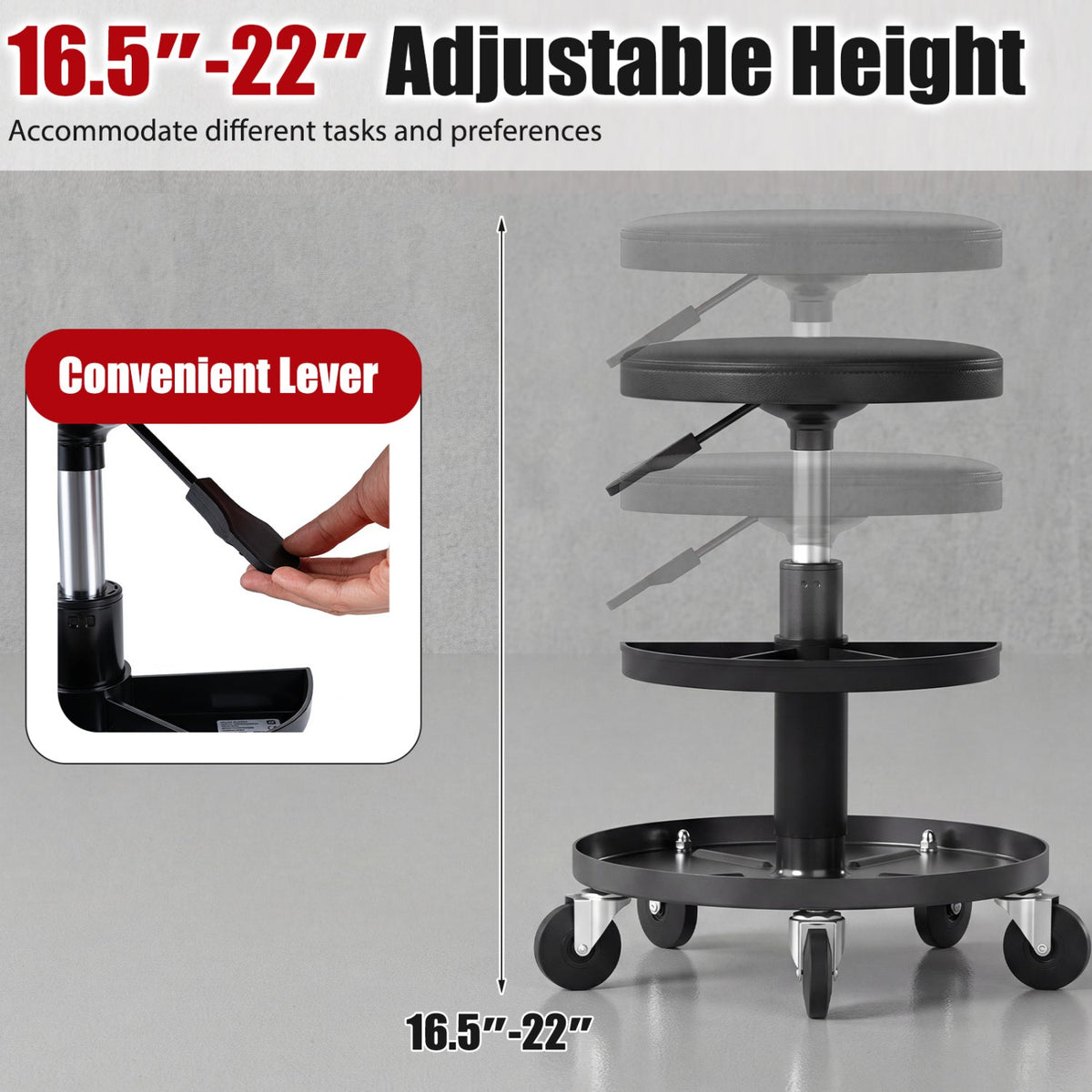 Adjustable Rolling Mechanic Stool with Tool Trays 16
