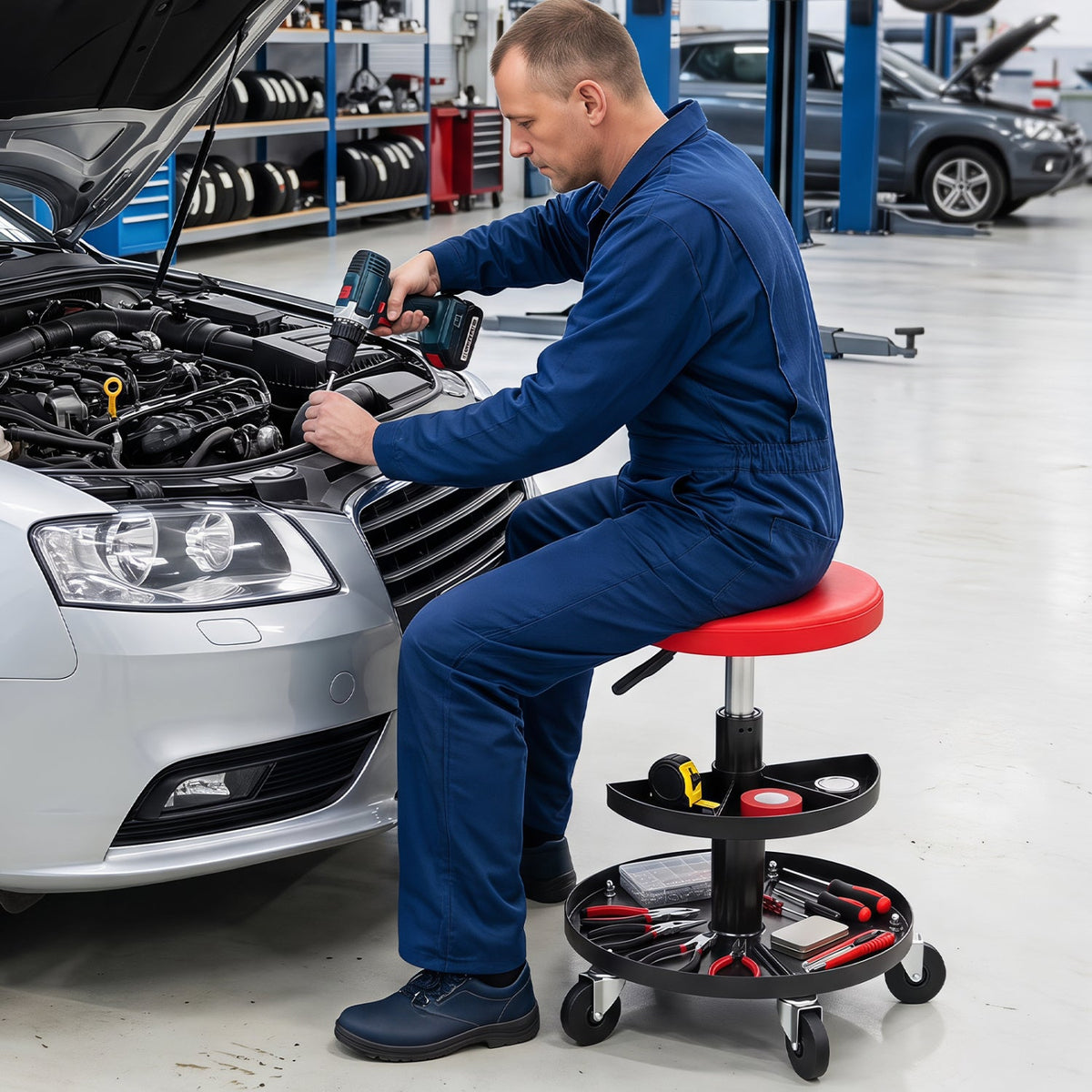 Adjustable Rolling Mechanic Stool with Tool Trays 1