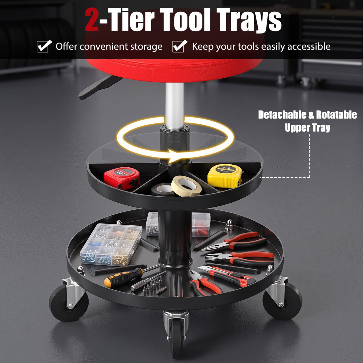 Adjustable Rolling Mechanic Stool with Tool Trays 5
