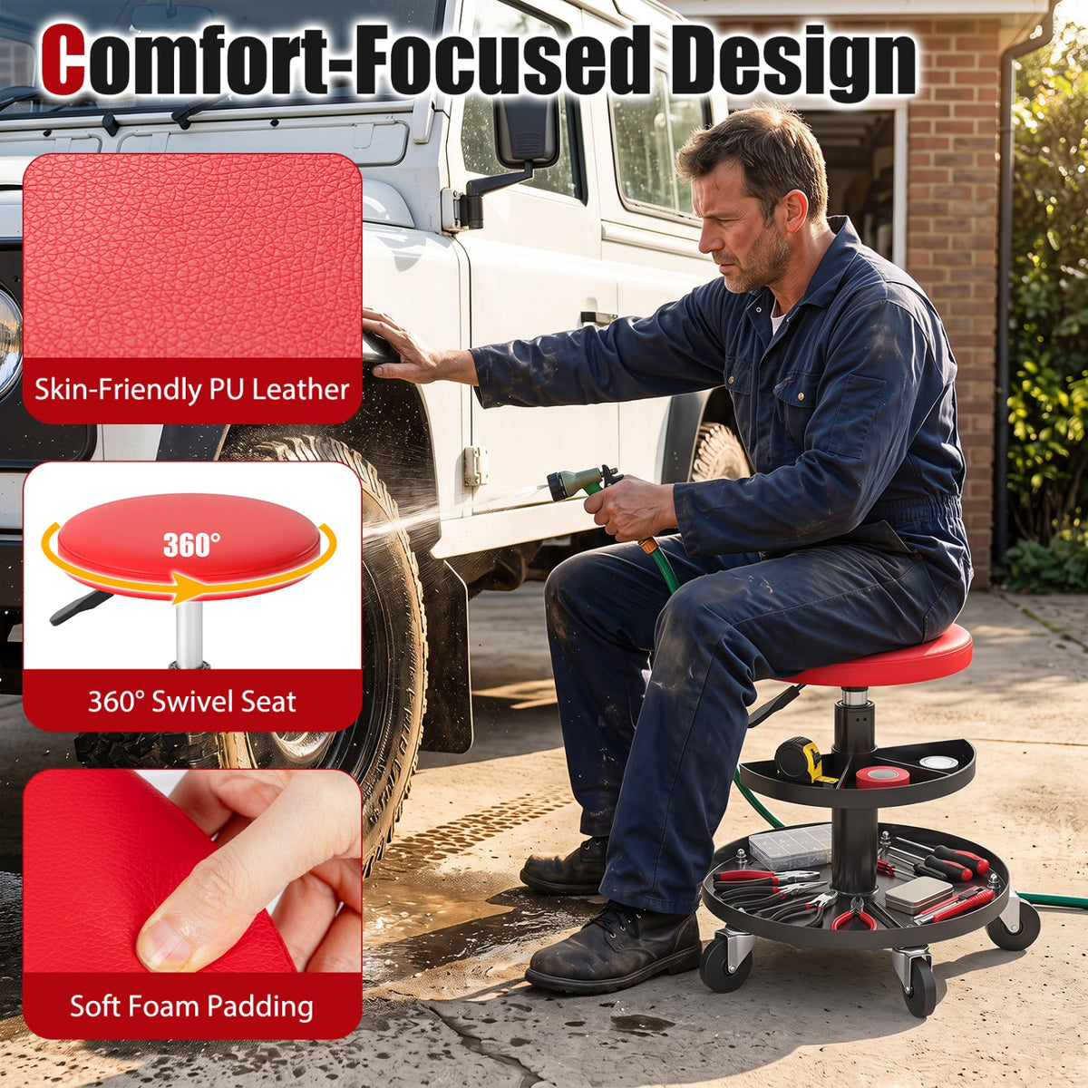 Adjustable Rolling Mechanic Stool with Tool Trays 7