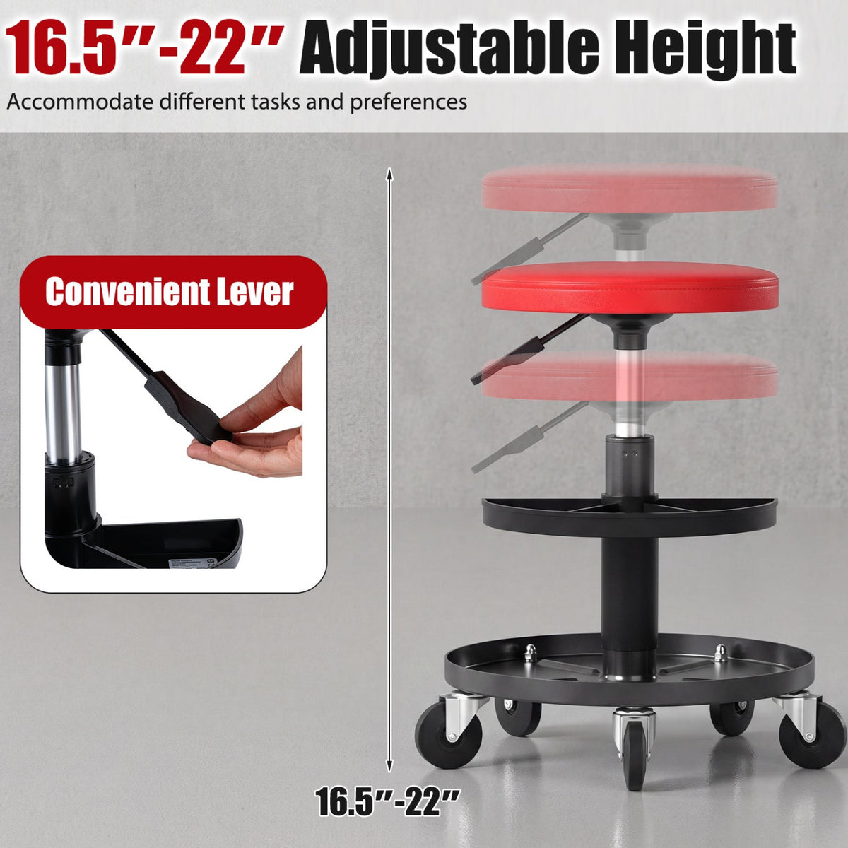 Adjustable Rolling Mechanic Stool with Tool Trays 8
