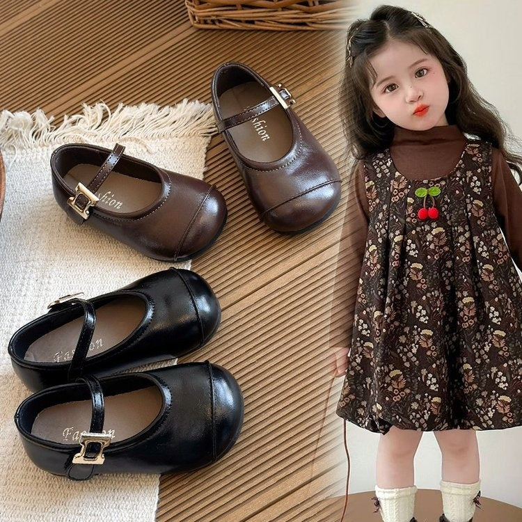 2026 Spring New Arrival Girls' Leather Shoes, Black Korean Style Soft Sole Toddler Flat Shoes, Retro Princess Casual Shoes For Little Girls 1