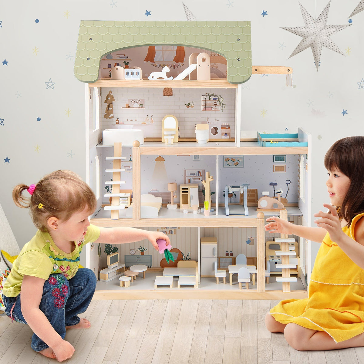 Wooden Dollhouse Kids DIY Pretend Playhouse with 33 PCS Furniture Accessories-Green 1