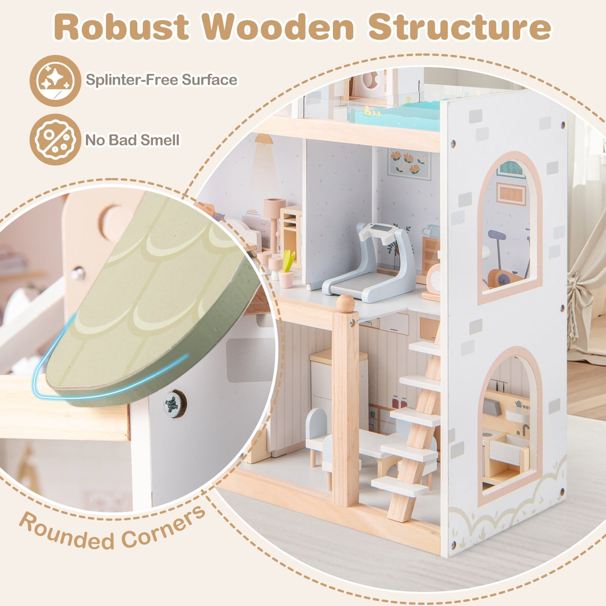 Wooden Dollhouse Kids DIY Pretend Playhouse with 33 PCS Furniture Accessories-Green 8