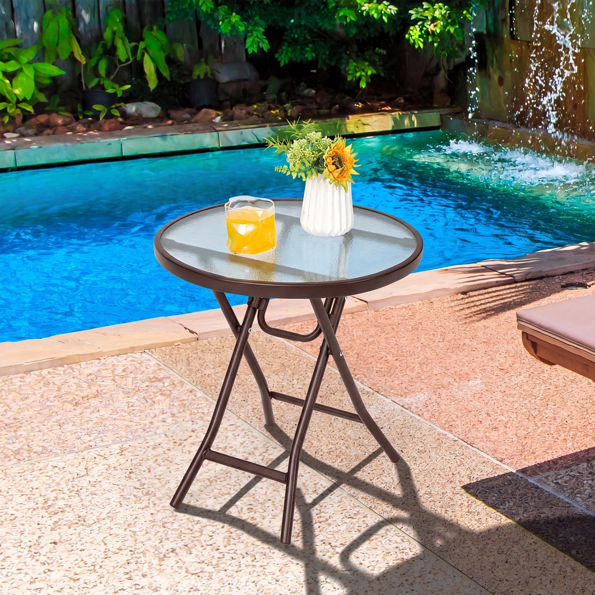 18" Round Folding Patio Side Table with Tempered Glass Top 1