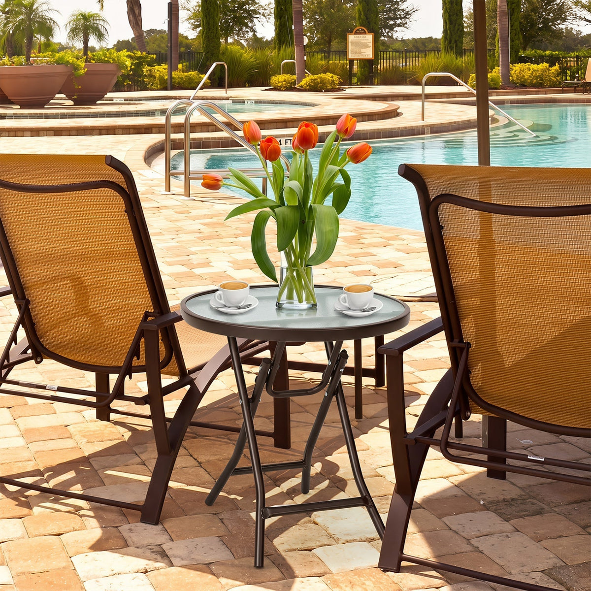 18" Round Folding Patio Side Table with Tempered Glass Top 2