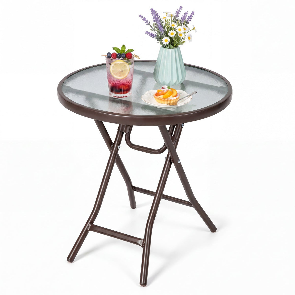 18" Round Folding Patio Side Table with Tempered Glass Top 3