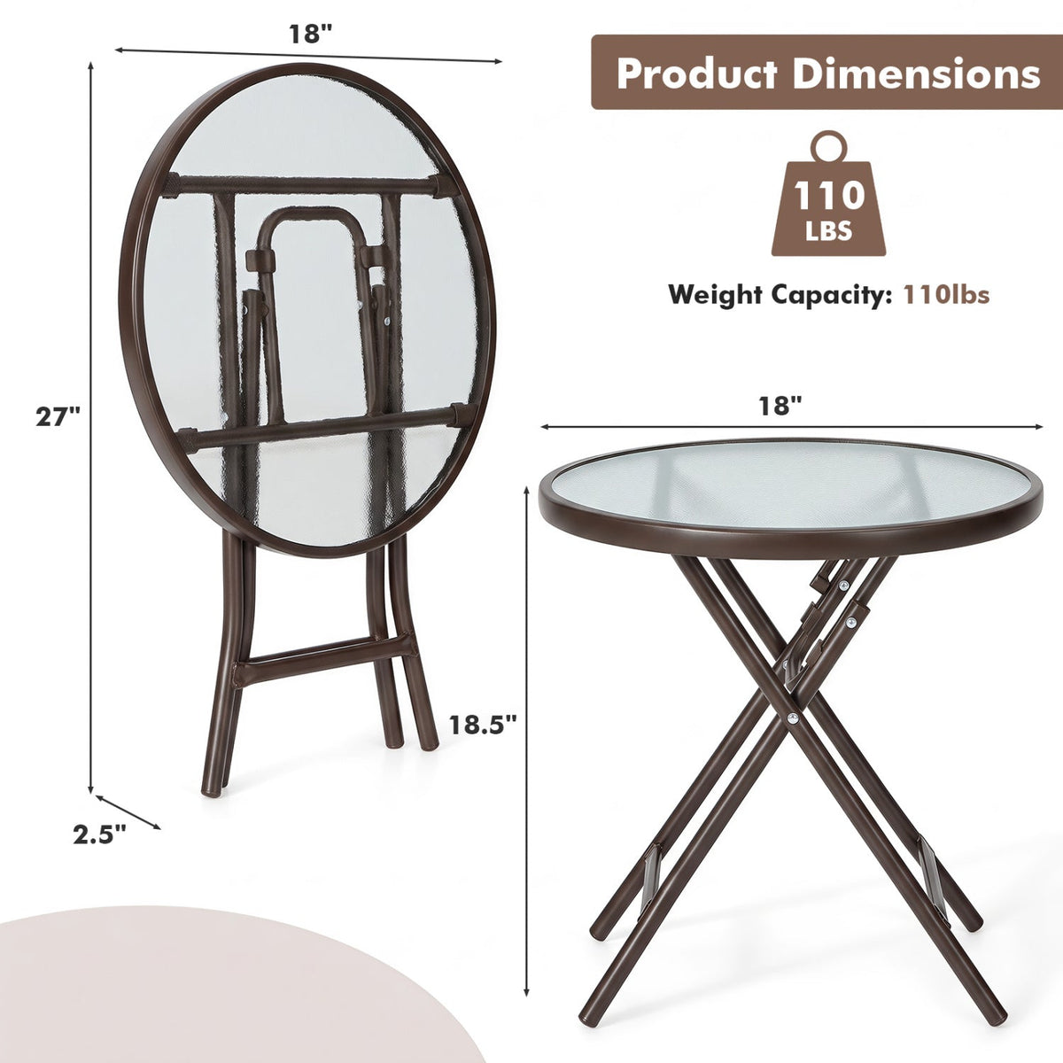 18" Round Folding Patio Side Table with Tempered Glass Top 5