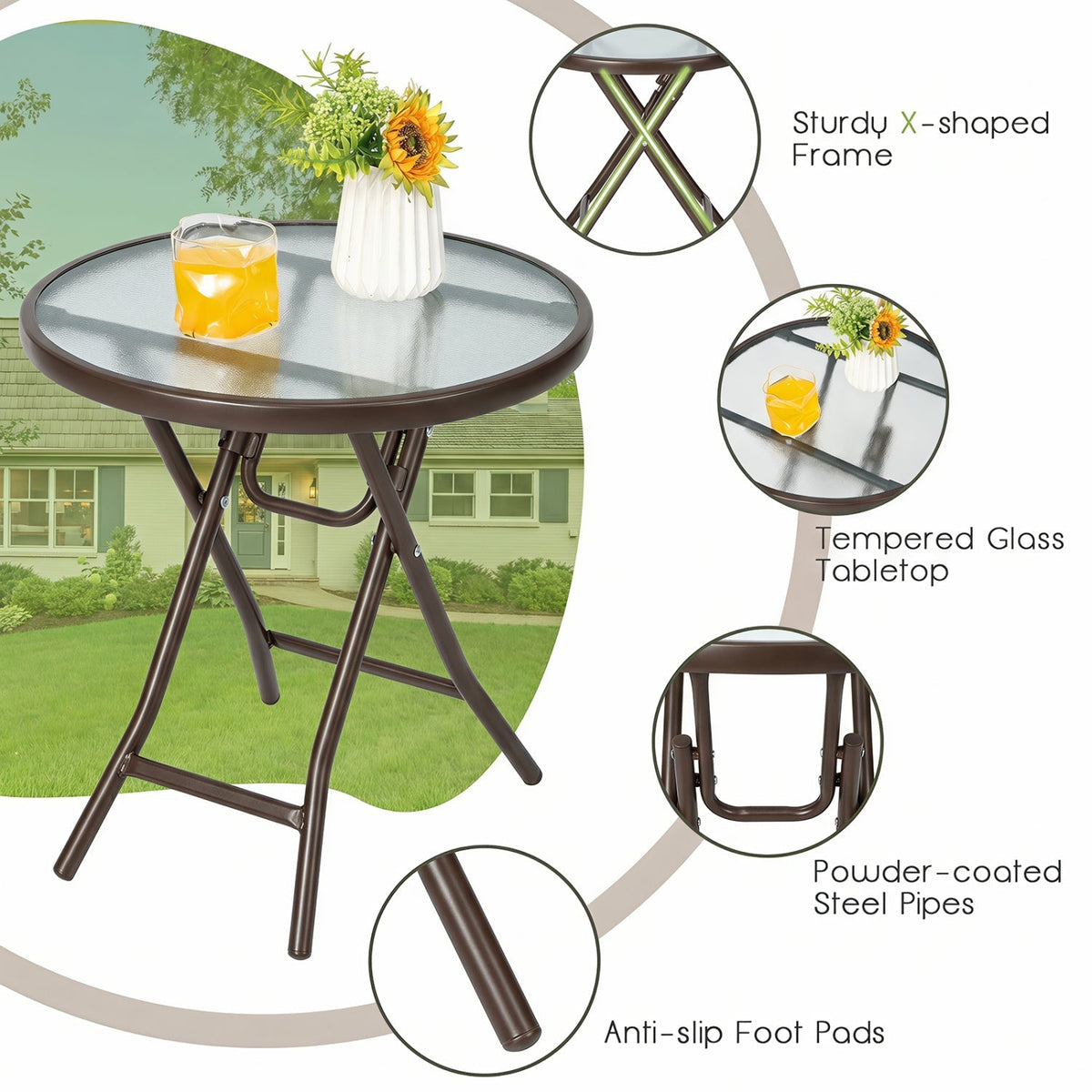 18" Round Folding Patio Side Table with Tempered Glass Top 8